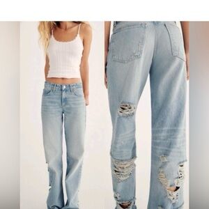 Zara Light Blue Distressed Wide-Leg Jeans